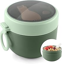 Breakfast Cup To Go with Folding Spoon, 600 ml Fruit Salad Cup To Go Children, for Breakfast & Snacks, Leak-proof Porridge Cup, Ideal for School, Trip, Work and Picnic (Green)