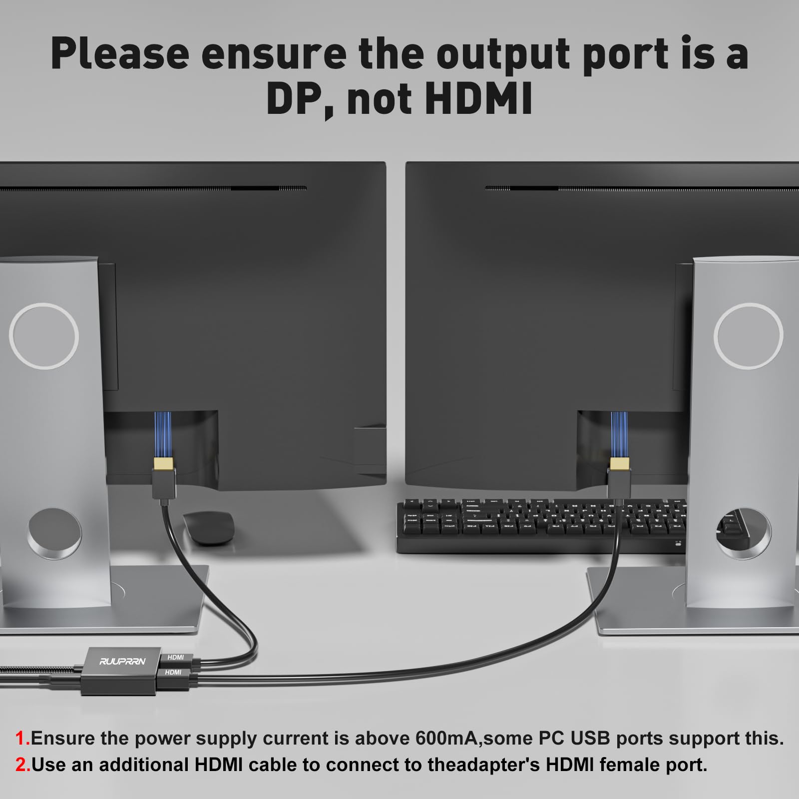 Adaptateur DisplayPort vers double HDMI 4K @ 60 Hz, source DP 1.4 vers HDMI 2.0 pour deux écrans, répartiteur DisplayPort vers HDMI 1 entrée 2 sorties écran étendu, pour PC, NVIDIA, carte