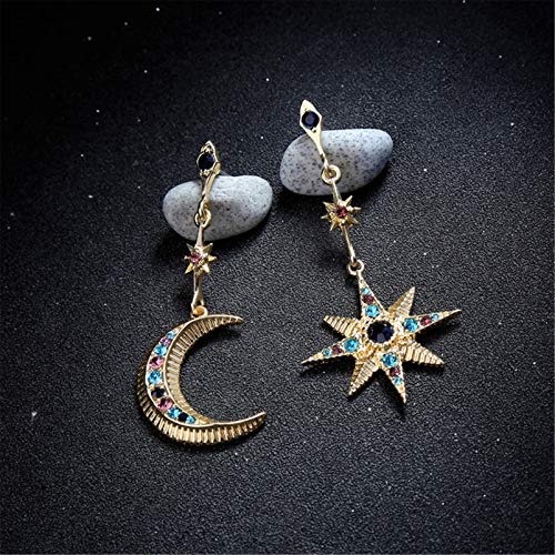 HMOOY Bohemian Moon Star Asymmetrical Dangle Hoop Earrings Crystal Moon and Sun Drop Stud Long Earrings Retro Exquisite Punk Style Accessories Jewelry for Women Girls (Gold-C)