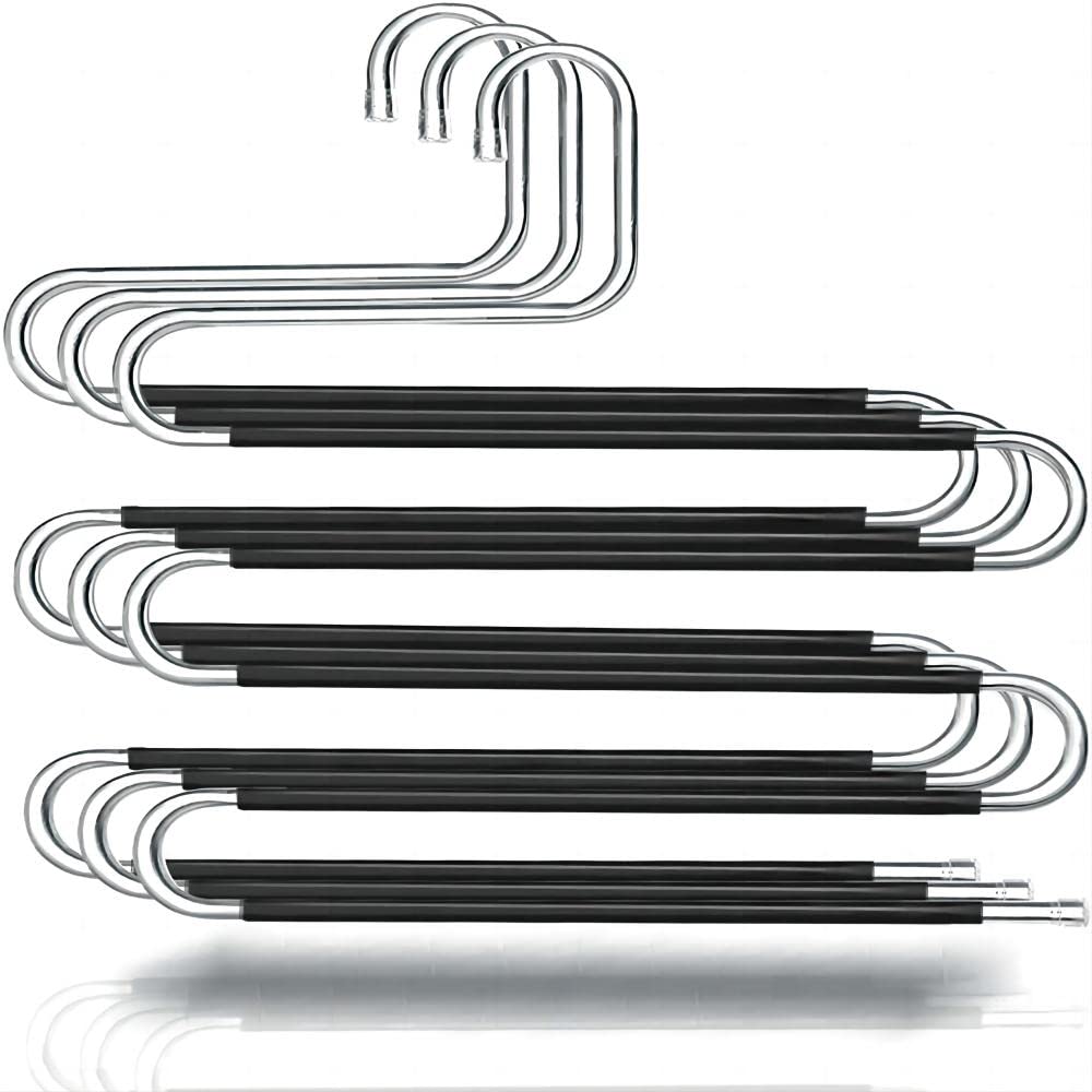 AMERTEER Trouser Hanger, S-shaped Stainless Steel, Black anti Slip Coating, Multiple Pieces of Clothing, Iayered Hanger, Space Saving Jeans, Pants, Scarf and Tie up Towel (3 Pieces)