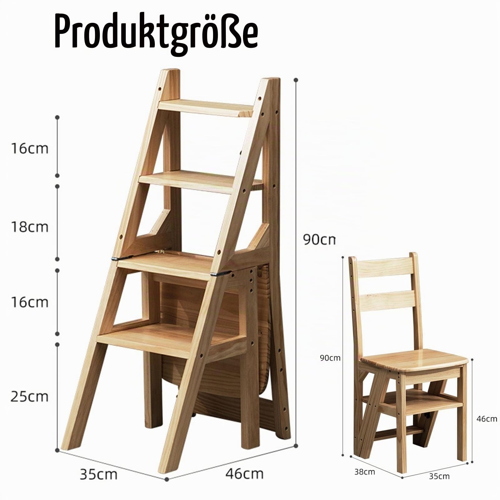 4-stufiger klappbarer Trittleiter Stuhl, wandelbarer Tritthocker aus Holz, 2-in-1-Bibliotheksleiter und -Sitz, klappbar, Mehrzweck für Zuhause, Küche, Büro, Wohnzimmer (Holz, 39 * 46 * 90cm)