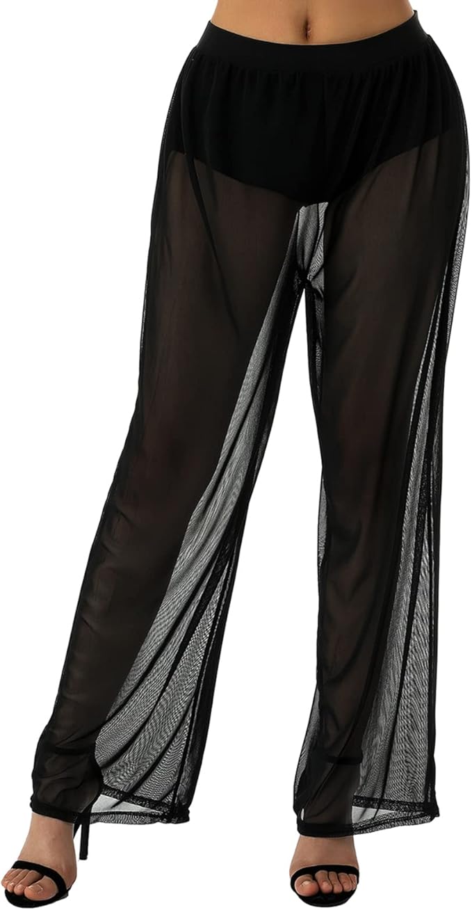 RUEWEY Women See Throug Mesh Flare Cover up Pants Swimsuit Bikini