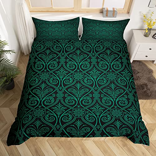 Parure de lit baroque damassé gothique vert noir ombré pour garçons, adolescents, hommes, housse de couette vintage victorienne à motif floral élégant et...