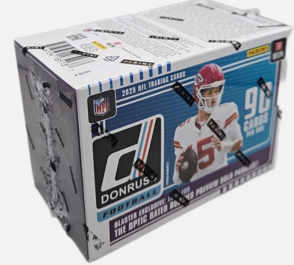 Panini 2025 Donruss NFL Football Factory Sealed Blaster Box (6 Packs of 15 Cards) Chase possible autographs. Look for Blaster Exclusive Press Proof Red Parallels. Look for Ultra-Rare Inserts including the highly sought after Downtown Insert.