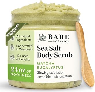 Matcha Eucalyptus Body Scrub 24 oz - Naturally Scented Sea Salt Scrub Made in Madison, WI - Formulated w/Skin Loving Moisturizers - Vegan, Cruelty Free Exfoliator w/a Cute Wooden Spoon