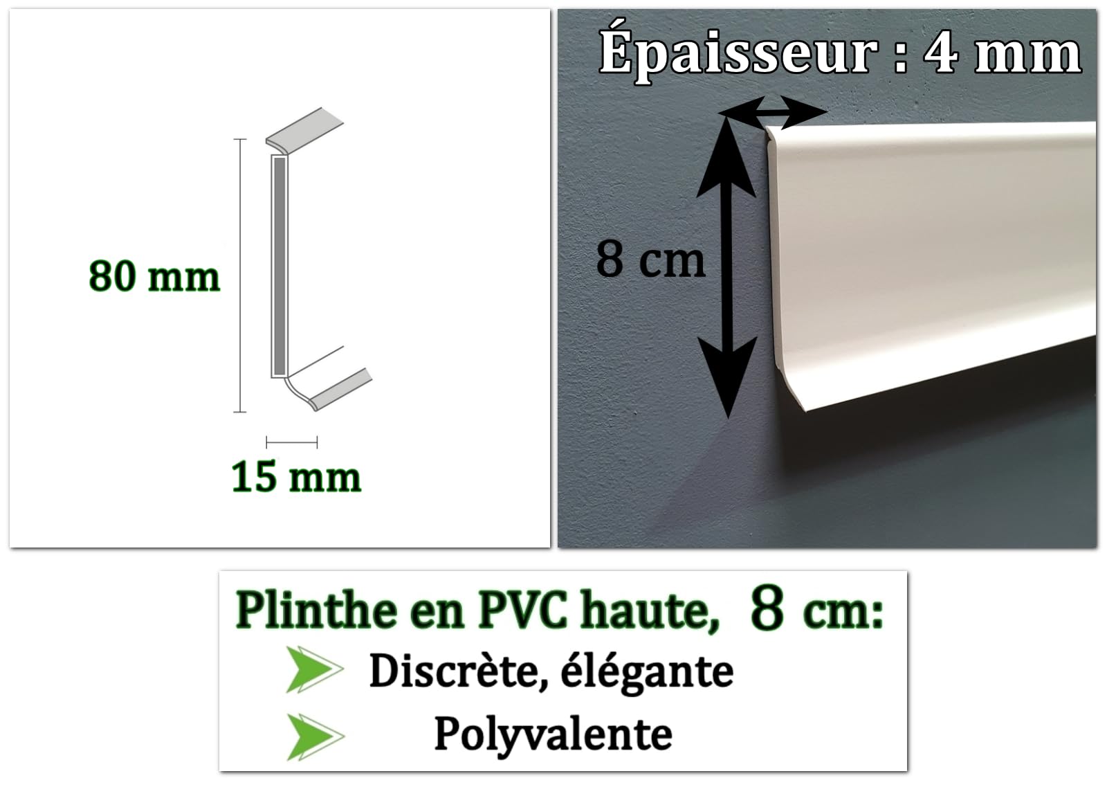 MadeInNature - Rodapiés de PVC blanco robusto, altura de 8 cm o 10 cm, rodapiés de plástico de 2 metros de longitud, rodapié de vinilo grueso (Blanco, Altura 80 mm x Longitud 10 metros)