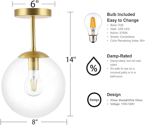 Miniatura 3 de Lámpara de techo semiempotrada dorada con acabado de latón con pantalla de vidrio transparente, iluminación de estilo moderno contemporáneo de