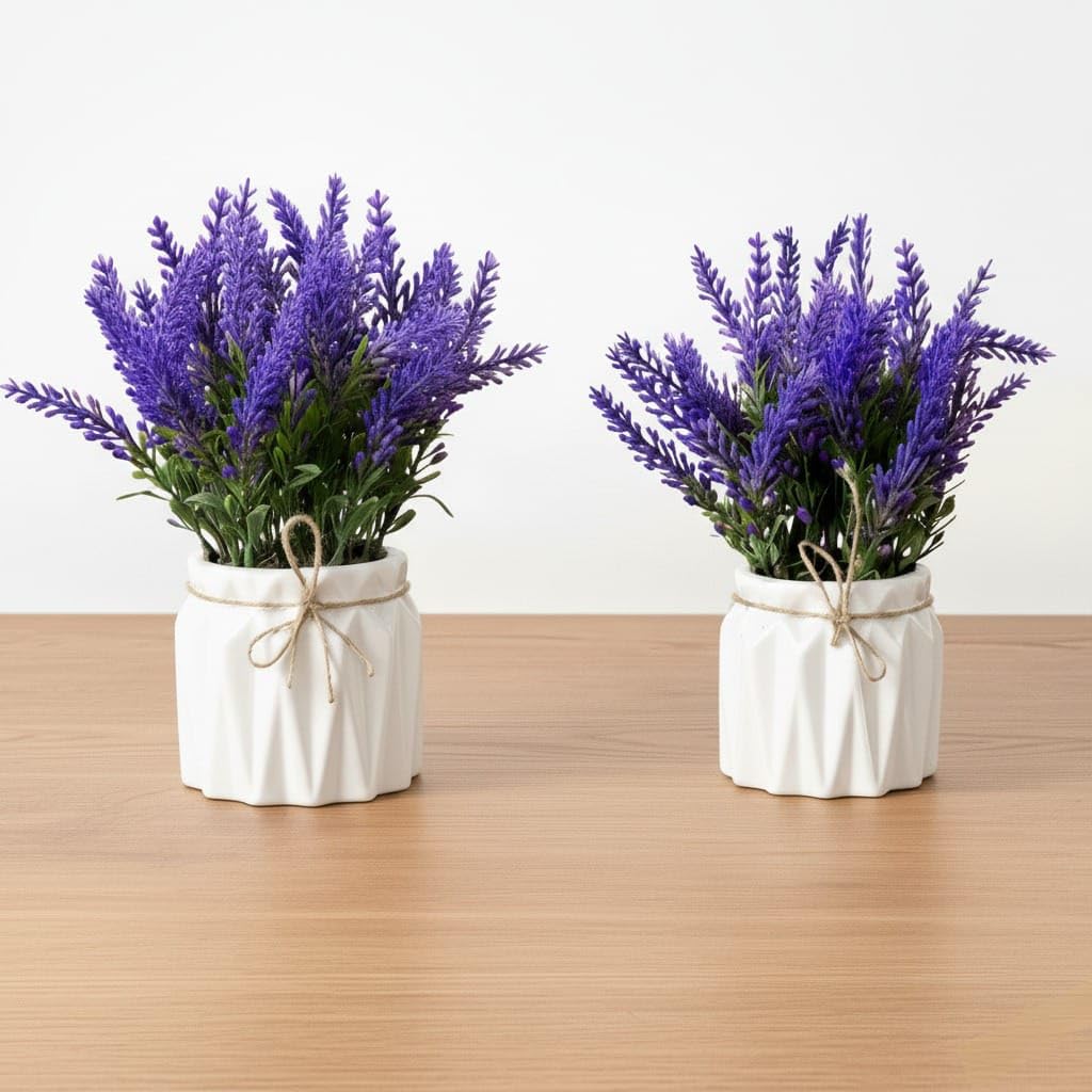 Dekorly Artificial Lavender Plant in White Pot, 18cm – Realistic Faux Flower Arrangement for Home & Office Décor (Set of 1) (2, White Color Pot)