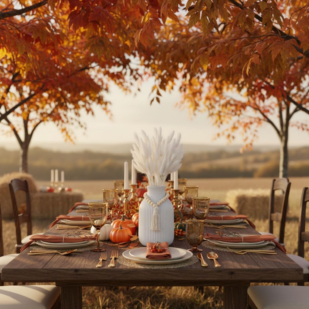 JOHOUSE 120PCS 17 Inch Dried Pampas Grass Decor, White Bunny Tails Dried Flowers, White Ceramic Vase with Grooves for Wedding Living Room Bedroom Office Centerpieces