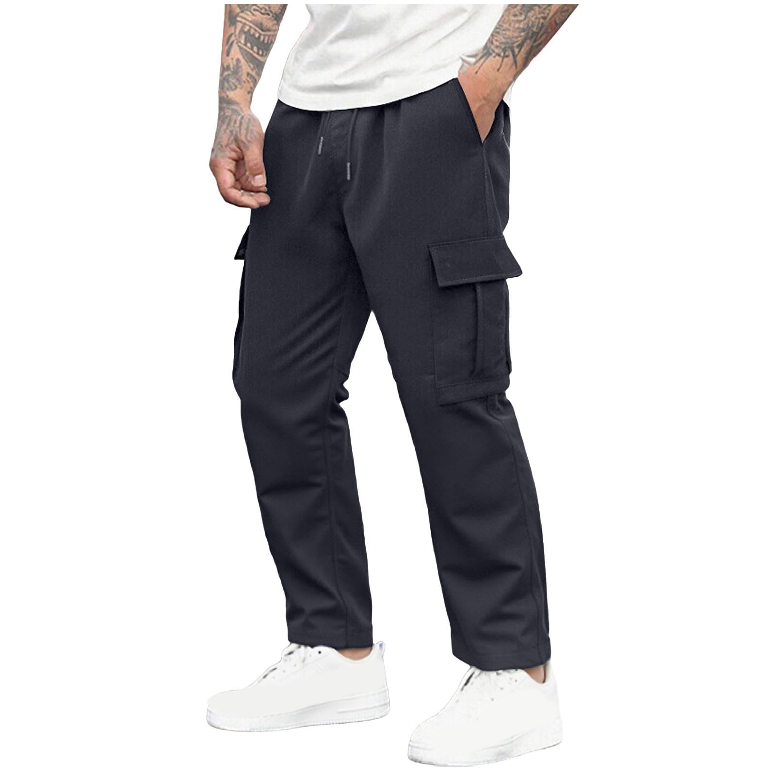 Sinzelimin Mens Cargo Pants Fashion Solid Color Multiple Pockets Lace up Elastic Waist Loose Comfy Work Trouser Sweatpant