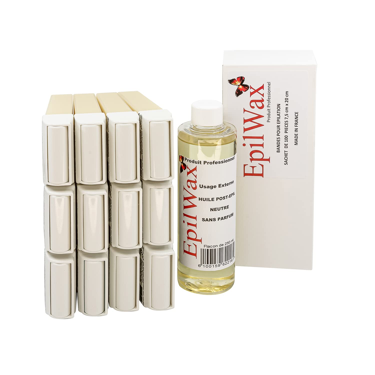 EpilWax - Kit de reposición con: 12 cartuchos Vanilla Roll-on, 1 paquete de 100 tiras no tejidas para la depilación y 1 botella de 250 ml de aceite neutro para después de la depilación (Vanilla)