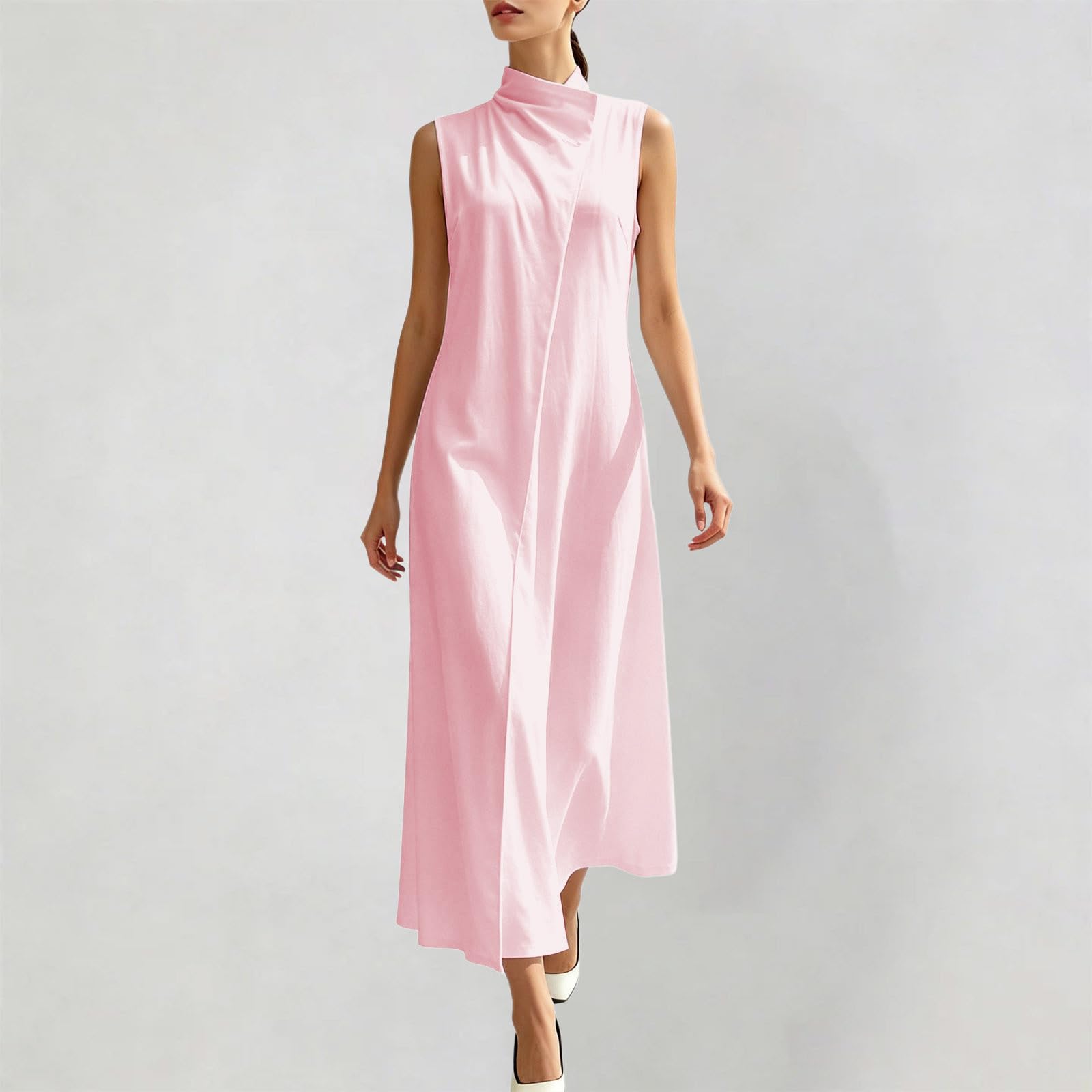 Robe midi élégante sans Manches à col Montant et Boutons, idéale au Quotidien