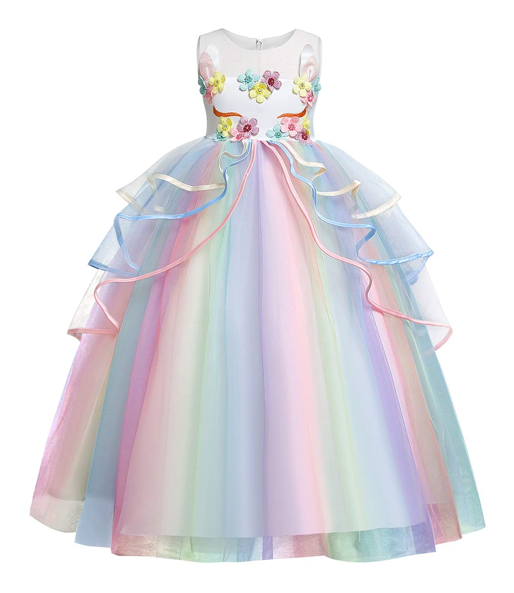 Wonderbabe Big Kids Sleeveless Embroidered Patch Long Dress Colorful Net Yarn Cake Tutu Skirt Unicorn Princess Dress Holiday Show Dress