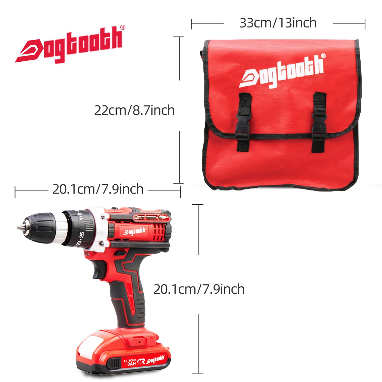 DOGTOOTH 21V MAX Cordless Drill, 2 * 2.0 Ah Batteries, Compatible with Makita 18V Battery, 2 Speed Functions Max 1350 RPM, Build-in LED, 23 Bits, Charger, Tool Bag - Red