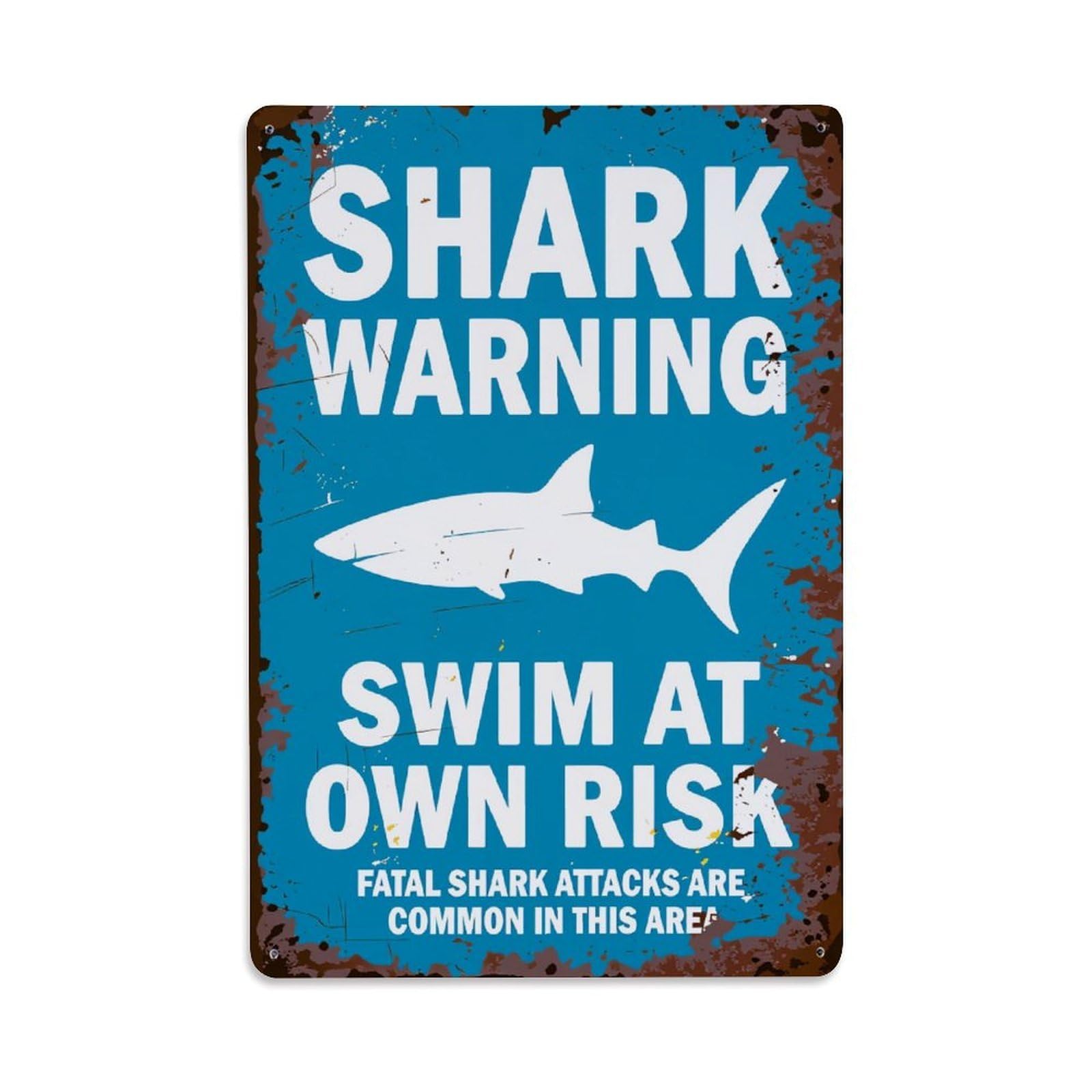 Shark Warning Swim At Own Risk Retro Metal Tin Sign, Vintage Decor Art Poster for Bar, Home, Man Cave, Kitchen, Laundry Room Gift 8x12Inch