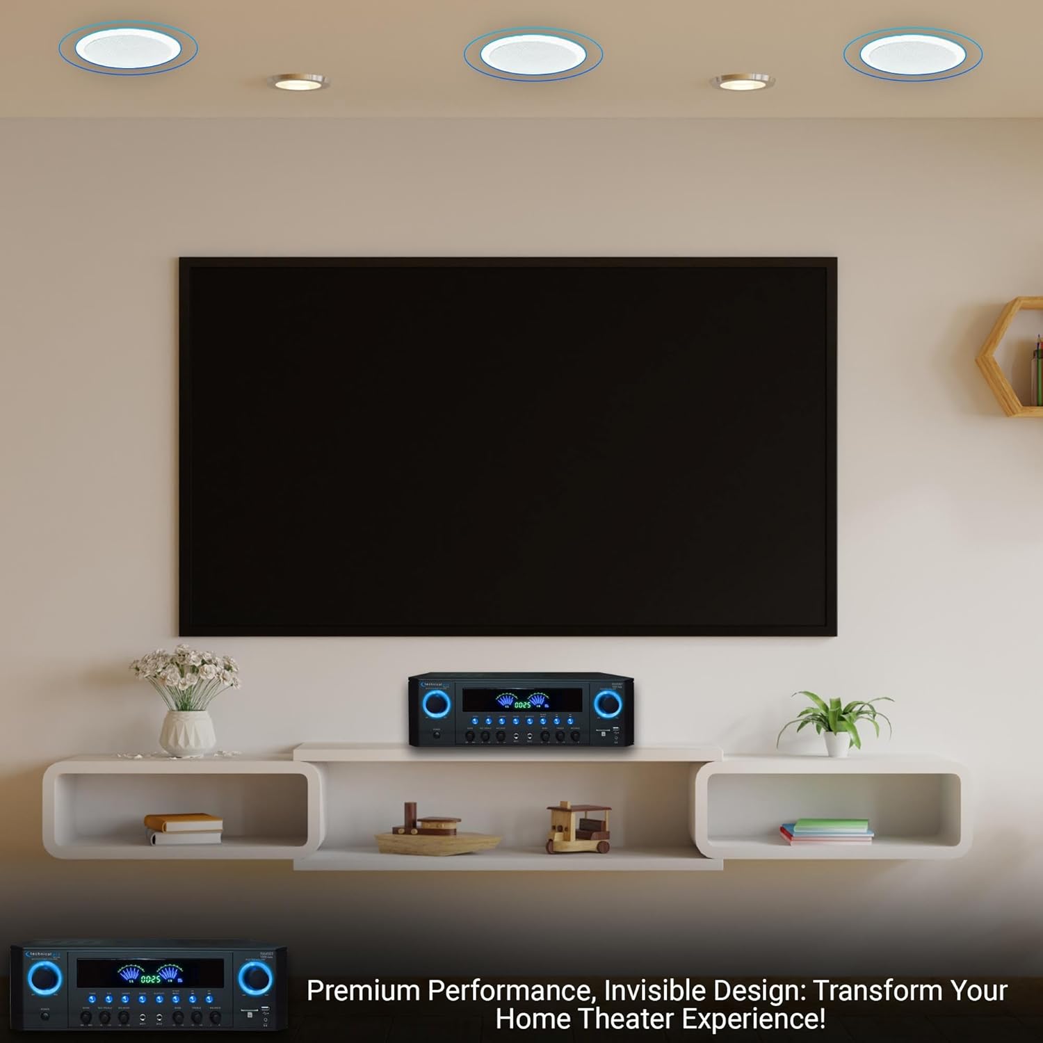 Home Audio System Kit - 1000 W Bluetooth Amplifier w/ 2 Qty of 8" Framed Ceiling Speakers 300 W Each, Wired Mic, 50 ft Speaker Wire & Remote Perfect for Home, Office, Restaurant Use by Vaiyer
