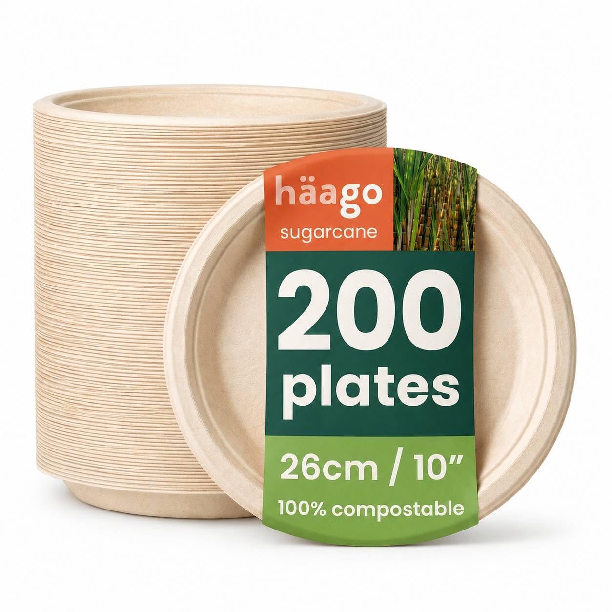 HAAGO 200 Eco Disposable Sugarcane Plates, 10 Inch (26cm) – Natural Colour Strong Paper Plates, Biodegradable & Compostable Dinner Plate for Hot & Cold Food – Sturdy & Heavy Duty