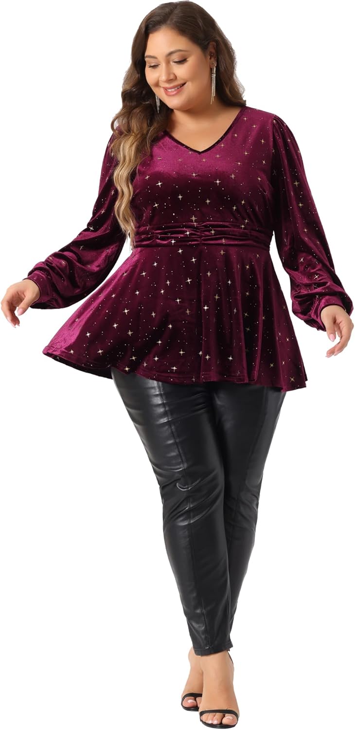 Agnes Orinda Plus Size Velvet Tops for Women V Neck Long Sleeve Shiny Gilding Metallic Stars Tops - Image 3