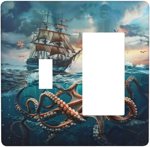 Spshian Light Switch Cover Plate Sailboat Ship Octopus Ocean Sea Waves 2 Gang Co