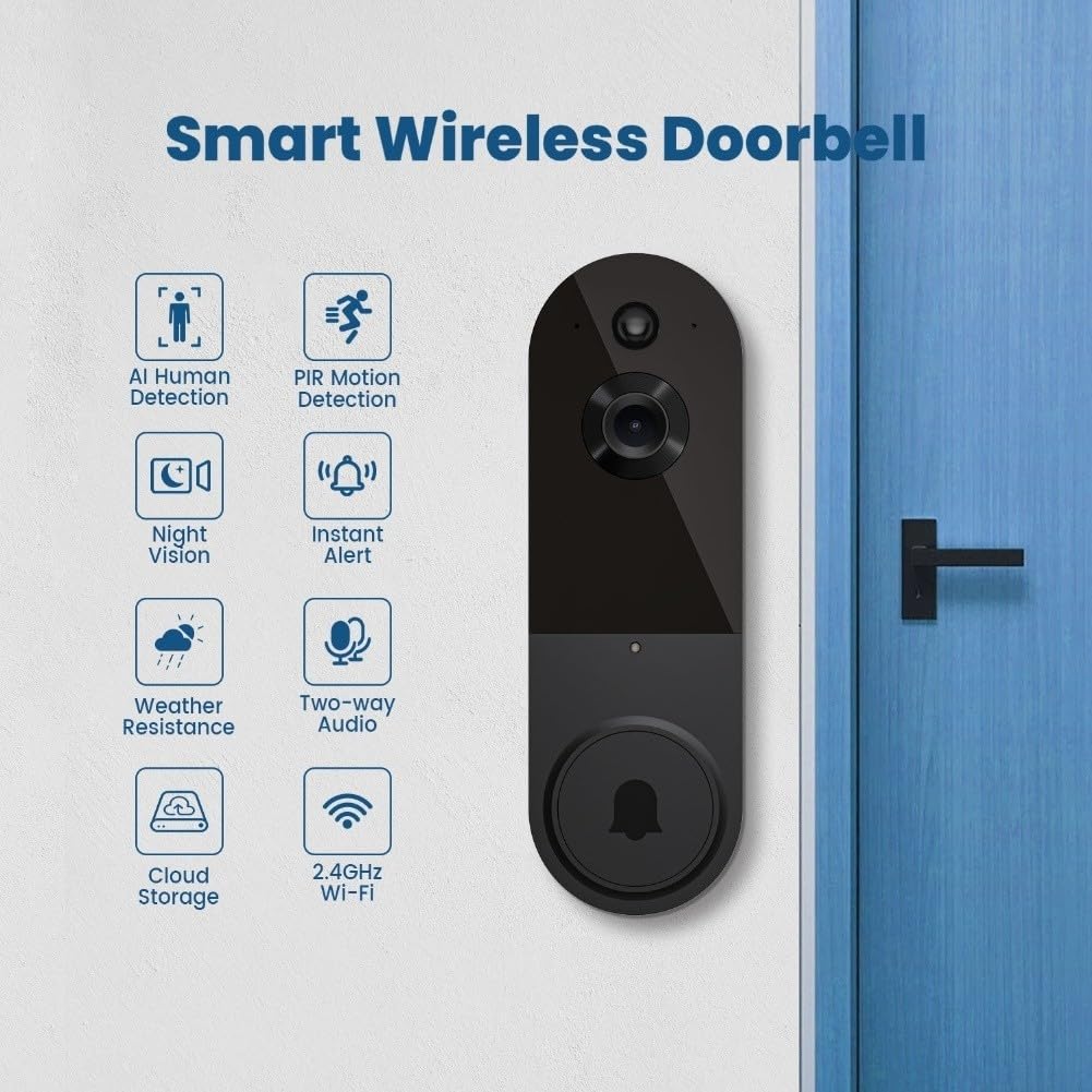 Sonnette de porte audio vidéo bidirectionnelle en temps réel (noir)
