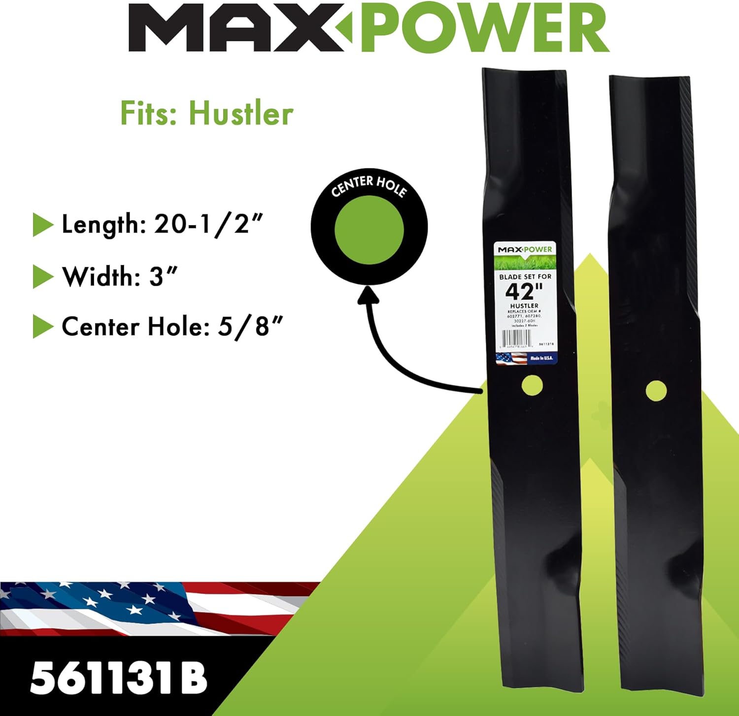 MaxPower 561131B 2 Blade Set for Many 42 in. Cut Hustler Mowers, Replaces OEM #'s 602771, 607280