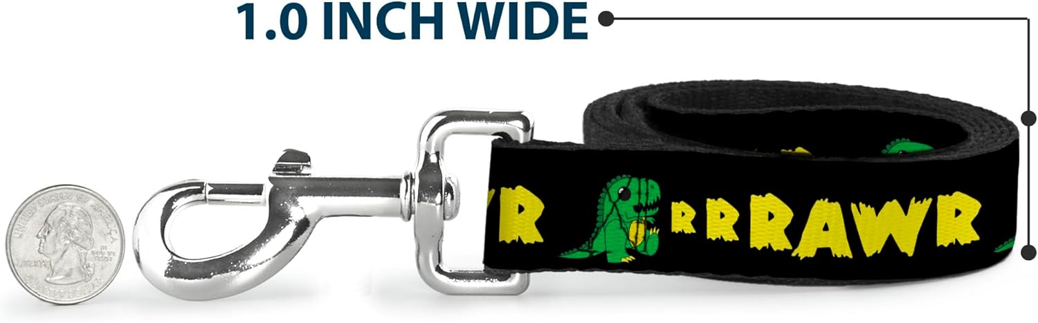 Dog Leash Rrrawr Dinosaur Black Green Yellow 6 Feet Long 1.0 Inch Wide