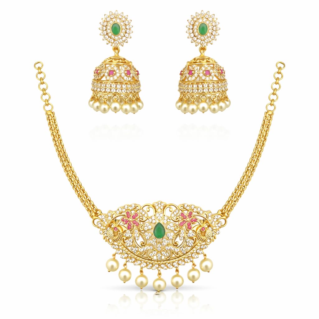 Gold Matte Finish Choker Set with Jhumka Earrings for Wedding & Festival Wear (Red White Green)
