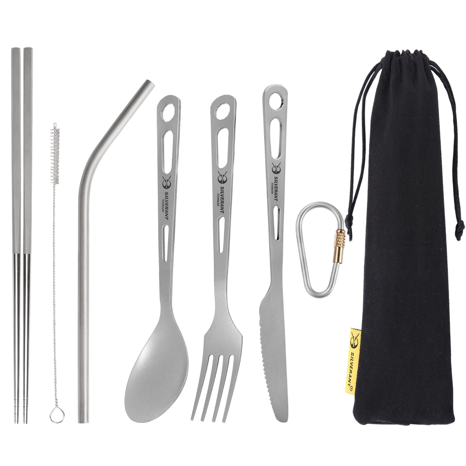SILVERANT Titanium Camping Flatware, Titanium Spork Spoon Chopsticks Knife Straw Cutlery Set PortableTableware for Lunch Box Outdoor & Hiking, Comes