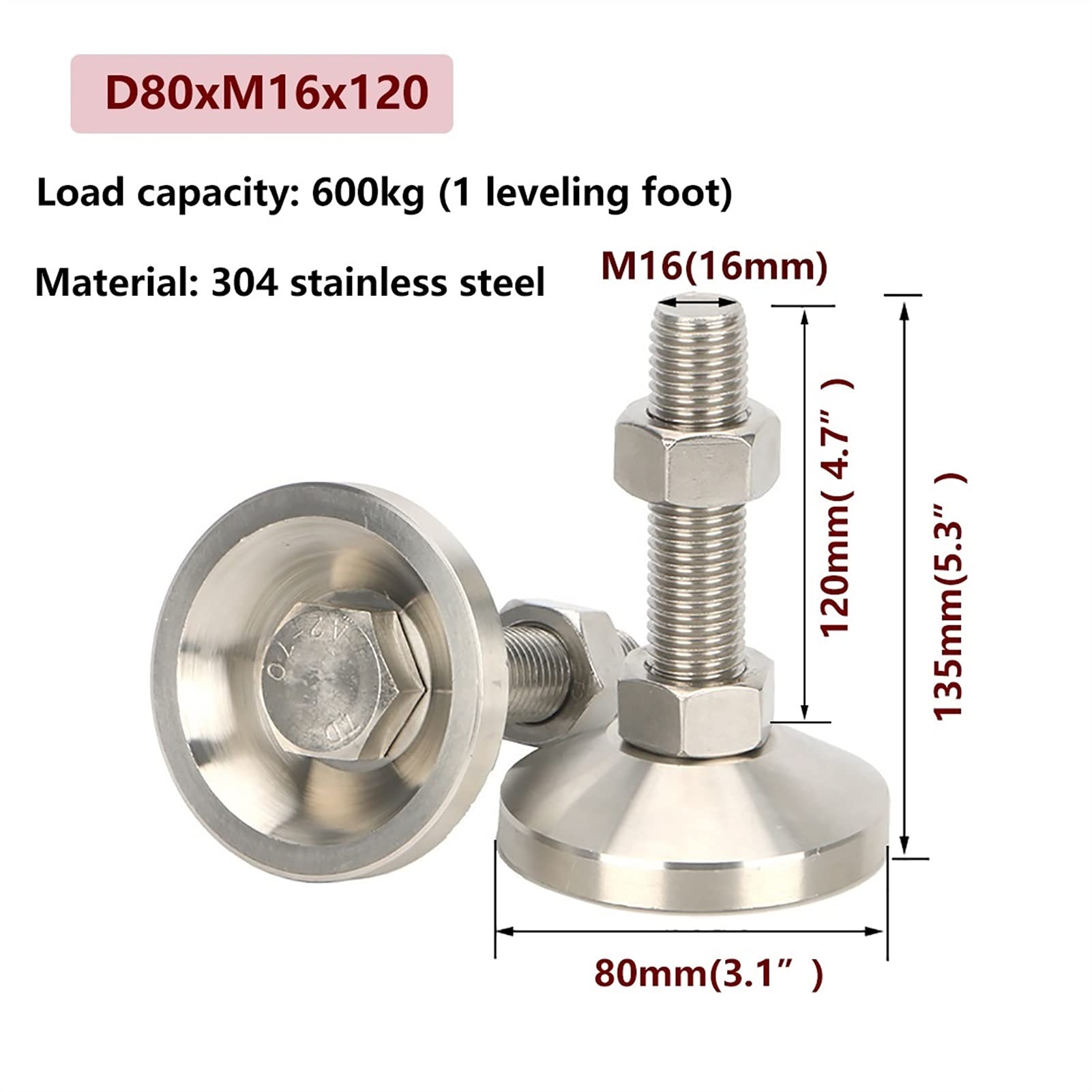 M16 - 4 patas niveladoras roscadas de acero inoxidable 304 600 kg de capacidad de carga ajustables para maquinaria y banco de trabajo, resistentes (diámetro: 80 mm)