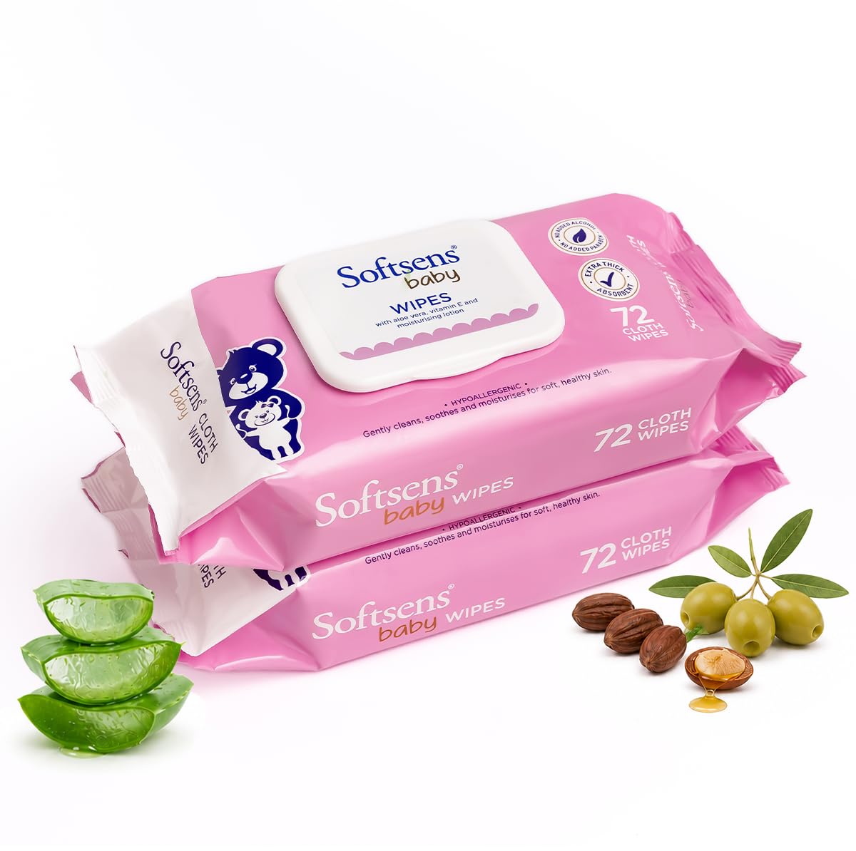 Softsens Baby Gentle Cloth Wipes for Baby Skin Enriched with Aloe Vera & Vitamin E I Dermatologically Tested & Parben Free with Lid - 72 wipes (Pack of 2)-image-49