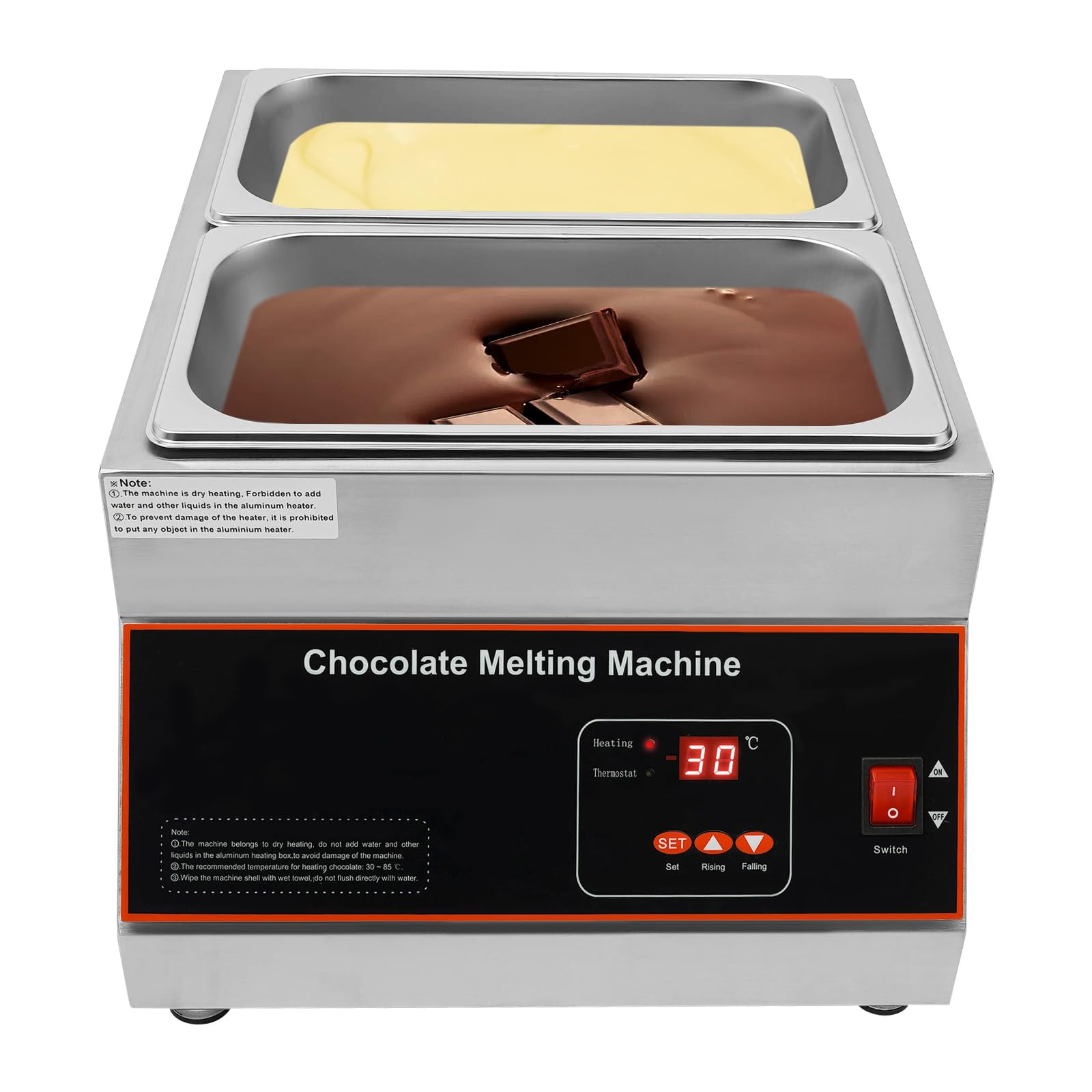 Chocolate Melting Machine, 26.46lbs 2 Tanks Chocolate Melting Pot, 500W Stainless Steel Tabletop Melting Machine with Temperature Range 32-203°F for Bakery Coffee Shop DIY Chocolate Making