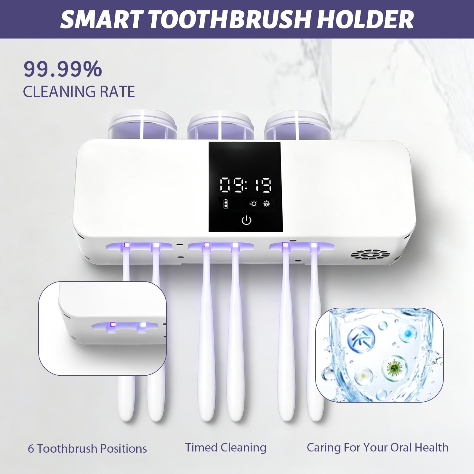 Sterilizzatore Portaspazzolino UV, Supporto per Spazzolini da Denti a Parete Porta Elettrico con Asciugatura e Disinfezione Portaspazzolino da Parete Senza Foratura con 6 slot e 3 tazze，Bianco