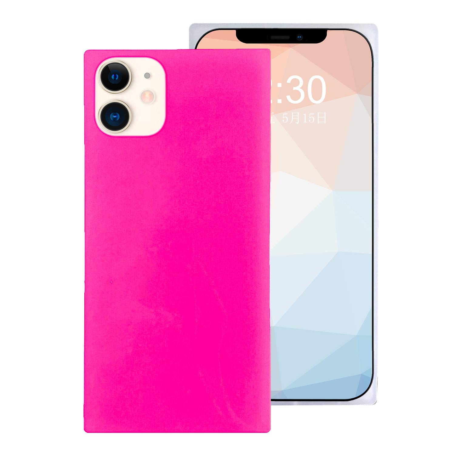 Omorro for Neon Phone Square iPhone 12 Case for Women, Bright Fluorescence Luxury Designer Flexible Soft Slim TPU Rubber Gel Bumper Square Edge Protective Hot Pink Girly Square Phone Case