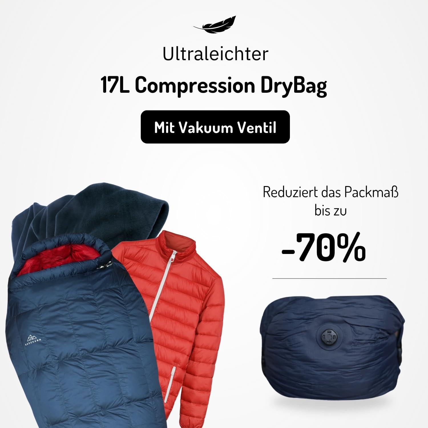 NORDKAMM® - 17L Kompressionssack für Schlafsack, ultraleichter Dry Bag mit Ventil, Vakuumbeutel, Drybag, Packsack wasserdicht, Schlafsack Hülle wasserdicht (17L - Blue - Navy Blazer)