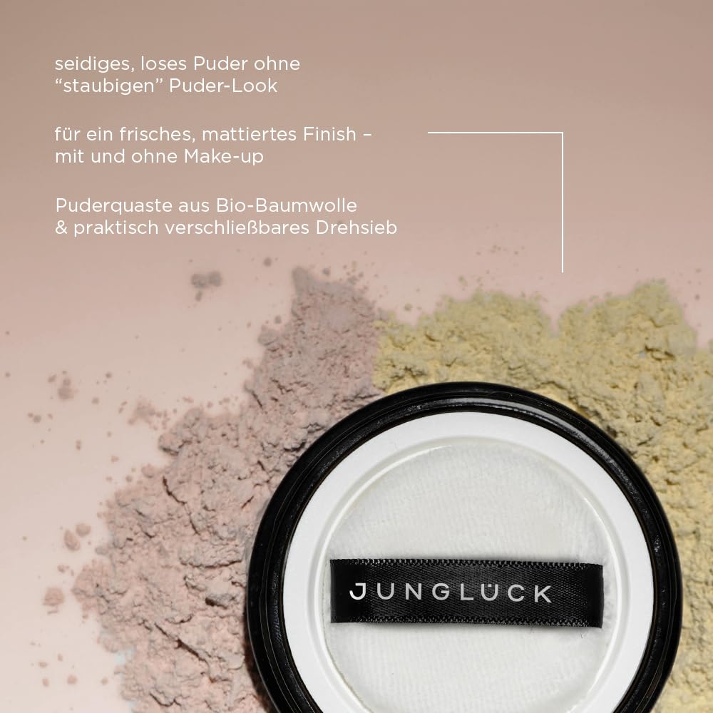 JUNGLÜCK Cara en polvo transparente – Maquillaje mate y fijo | Polvo natural sin aspecto polvoriento fija el maquillaje sin secarse, color rosa, vegano
