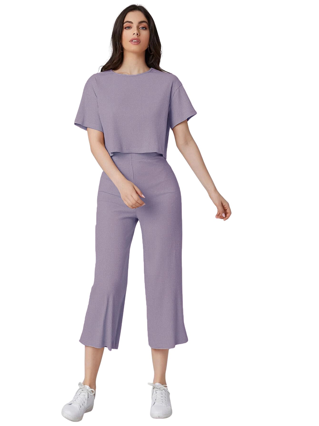 Women Co Ord Set | Ribbed Pajama Set | Casual Wear Pant Top Set | Fancy Co-Ord Set | Pack of 2 | Drop Shoulder Knit Top & Capris Pants Set | Full Pair Set |-image-42