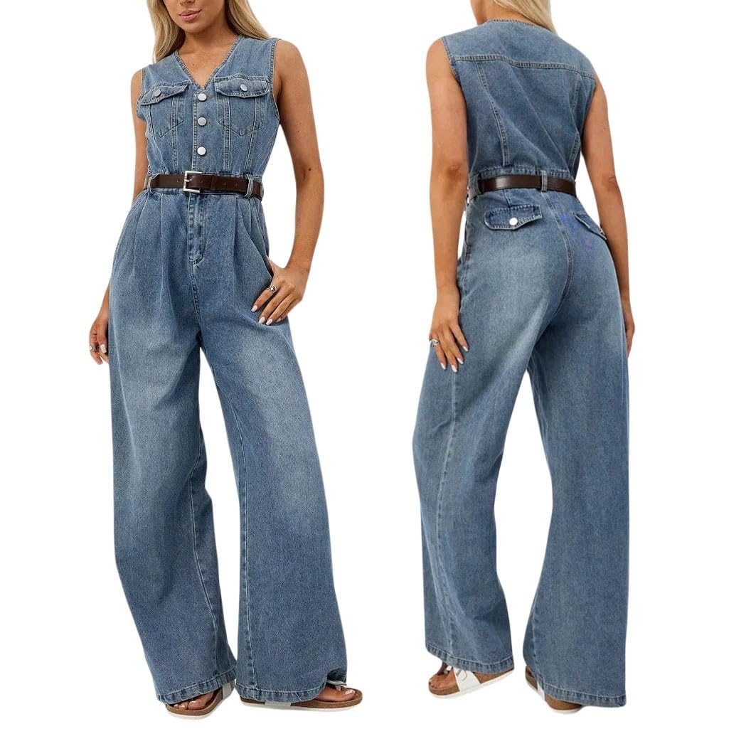 Combinaisons En Jean Sexy Pour Femmes Col En V, Sans Manches Jambes Larges