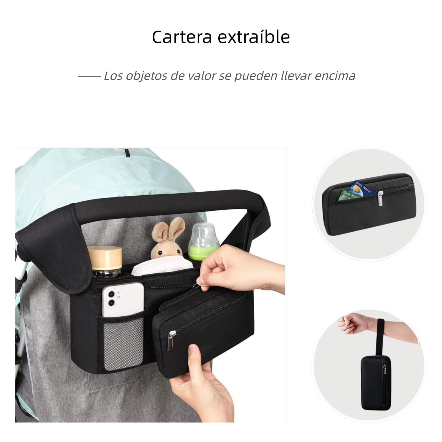 Bolso Carro Bebé Universal con 2 Portavasos Aislados y Monedero Extraíble, Bolsa Organizadora de Cochecitos Impermeable, Correa de Hombro Desmontable para Silla de Paseo y Carrito, Multifuncional