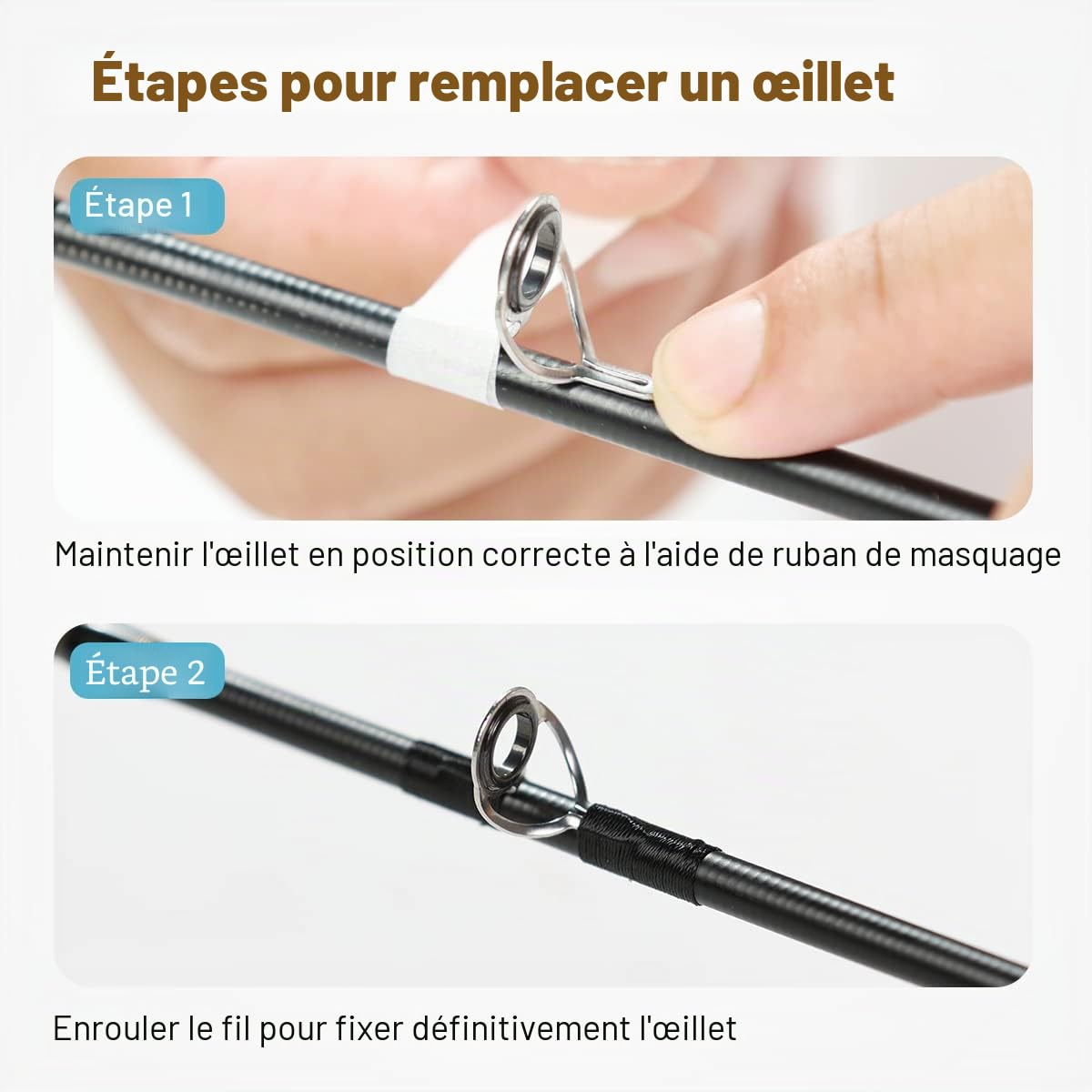OJY&DOIIIY Kit de réparation de Canne à pêche, Fournitures Tout-en-Un pour œillets de Canne à pêche avec Guides de Canne, Colle époxy, Fil d'emballage et Ruban adhésif