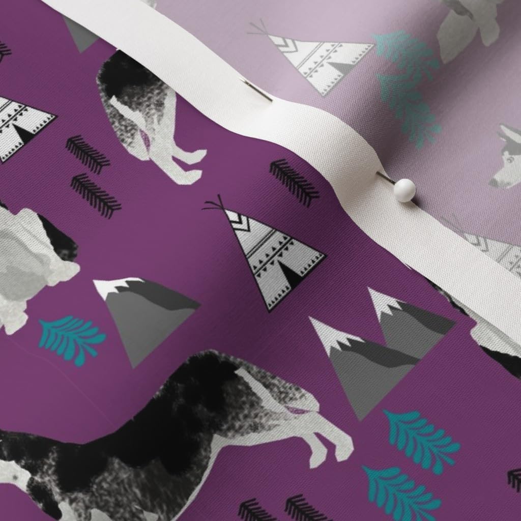 Spoonflower Fabric - Husky Siberian Dogs Mountains Teepee Forest Purple Huskies Hiking Printed on Cotton Poplin Fabric by The Yard - Sewing Shirting Quilting Dresses Apparel Crafts