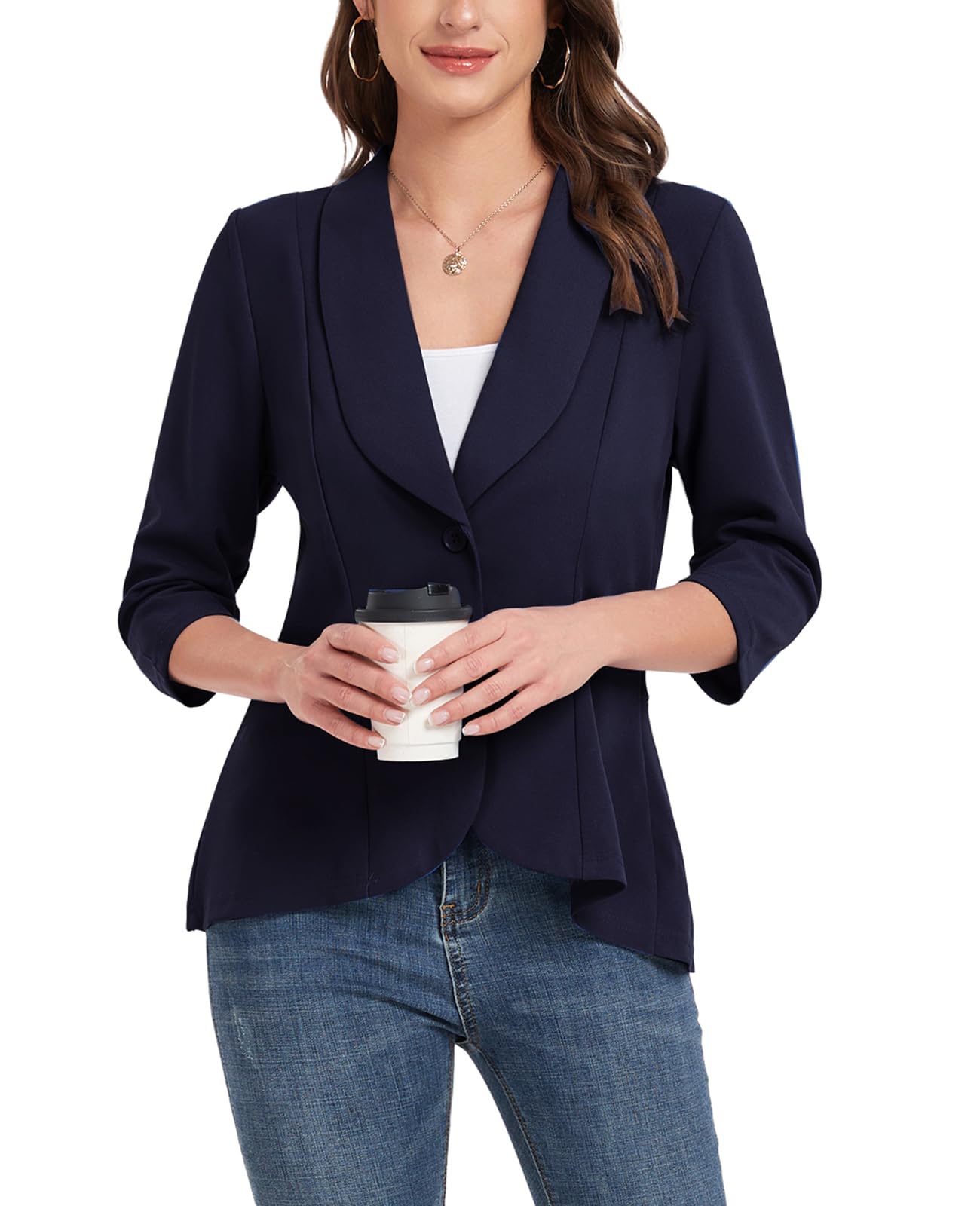 Blazer da donna con maniche a 3/4, cardigan aperto sul davanti, con bottoni, collo a scialle, giacche da lavoro, ufficio, giacche