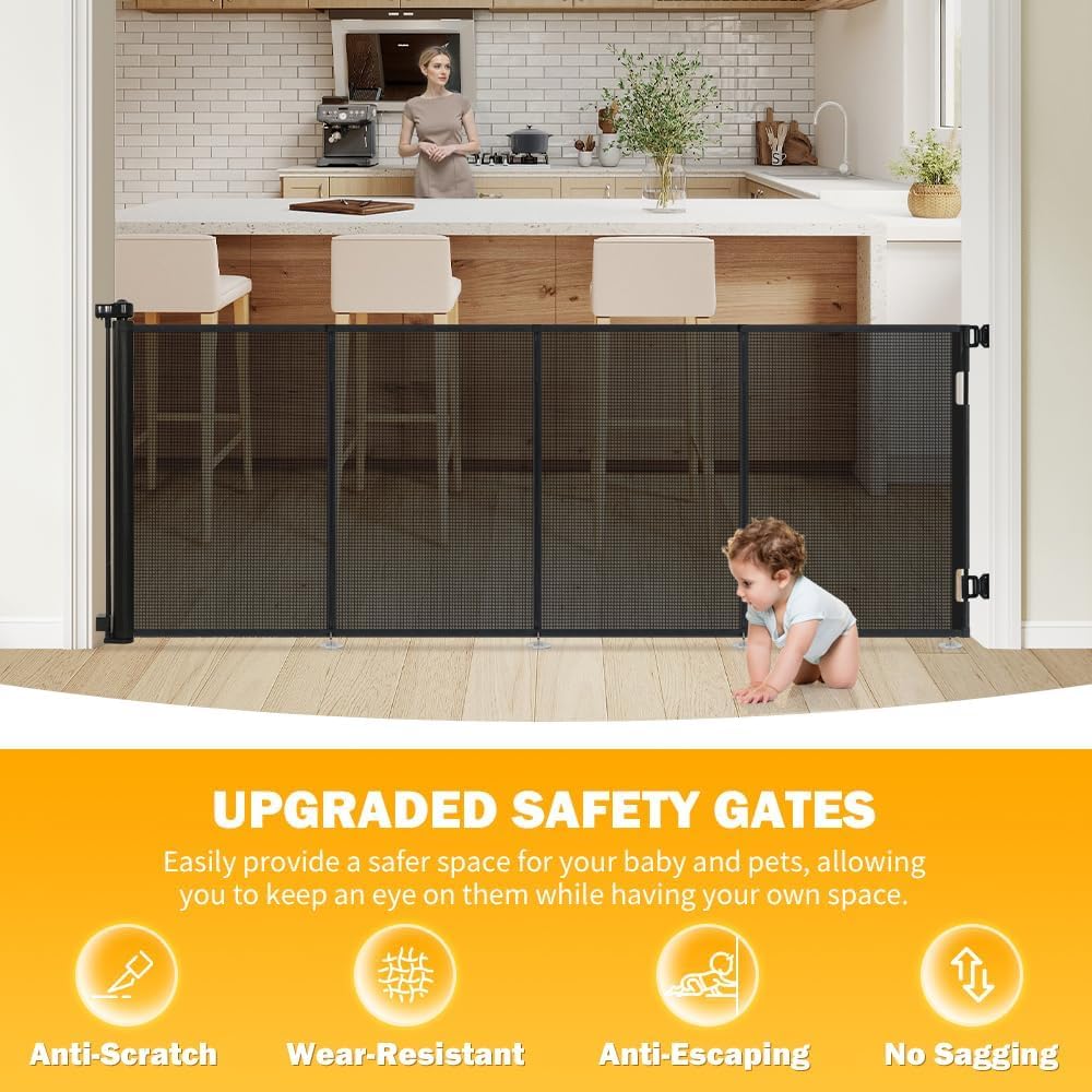 Upgraded 150" Extra Wide Retractable Baby Gates, 41" Tall Mesh Dog Gate for Preventing Escaping, Extra Long Pet Gate for Outdoor, Indoor, Hallways, Deck, Porch, Black
