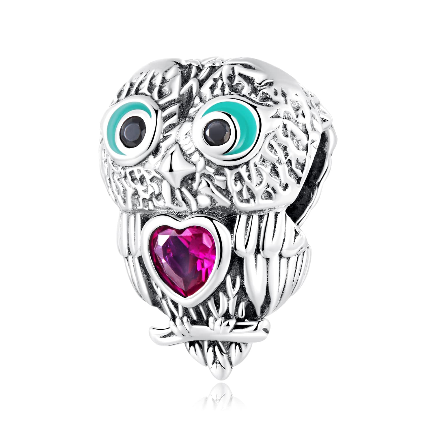 Ciondoli a Forma di Gufo vivido in Argento Sterling 925 Adatti per Braccialetti da Donna e Braccialetti con Perline di Animali intarsiati con Gioielli in zircone a Forma di Cuore