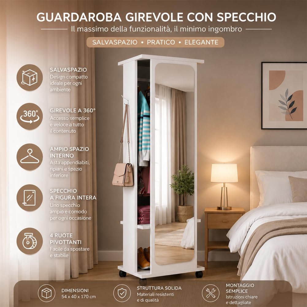 Shally Dogan Guardaroba Girevole con Specchio e 4 Ruote, Armadio Appendiabiti Salvaspazio per Casa, Ufficio, Camera da Letto, Monolocale, Organizer per Vestiti in Legno Robusto Bianco 54 x 40 x 170 cm