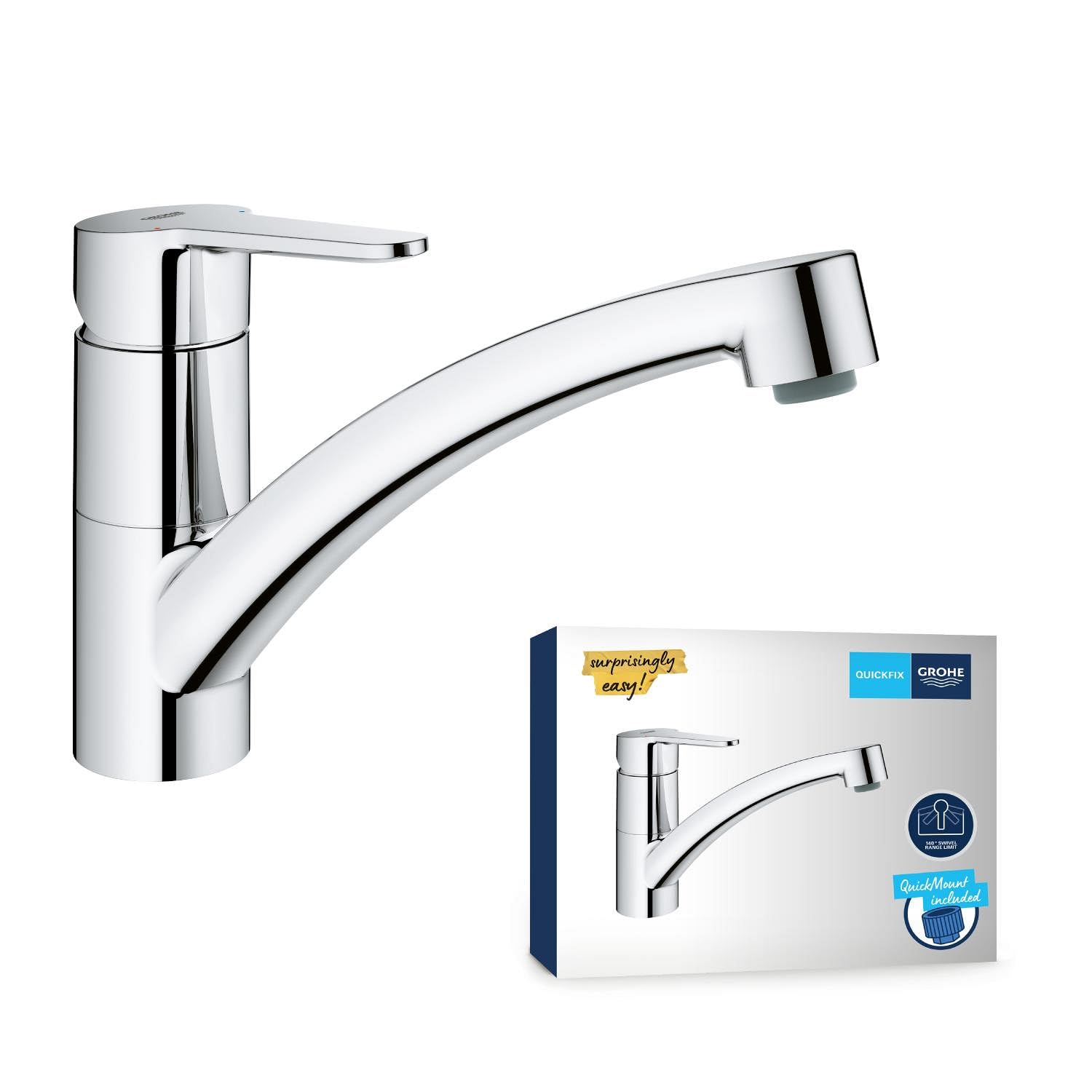 GROHE StartEco Mitigeur Monocommande Évier, Robinet Cuisine, Bec Bas, Rotation 140°, Chromé