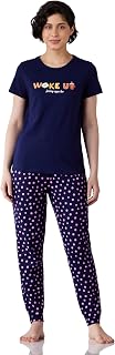 Amazon Brand - Symbol Women's Cotton T-Shirt and Jogger Night Suit | Two Piece Set| Regular Fit (Available in Plus Sizes) Price In India
