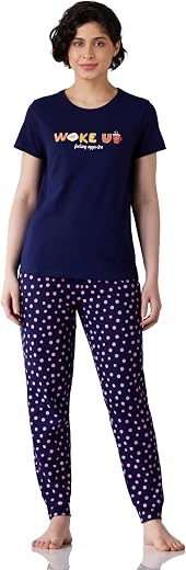 Amazon Brand - Symbol Women's Cotton T-Shirt and Jogger Night Suit | Two Piece Set| Regular Fit (Available in Plus Sizes)
