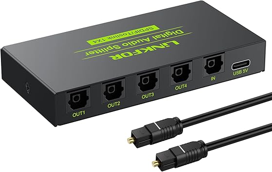LiNKFOR Digital Optical Audio 1x4 Splitter Digital SPDIF Toslink Optical Fiber Audio Splitter 1 in 4 Out Aluminum Alloy with Optical Cable for PS3 Blue-Ray DVD HDTV
