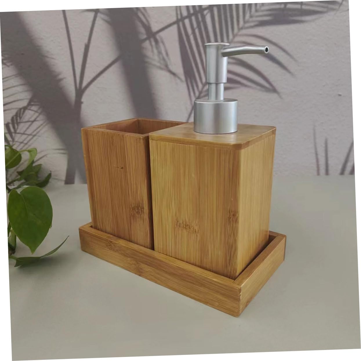 VILLCASE Set di Accessori per Bagno in Bambù, Portaspazzolino e Contenitore Ricaricabile per Detergente, per Bagno Ordinato e Curato