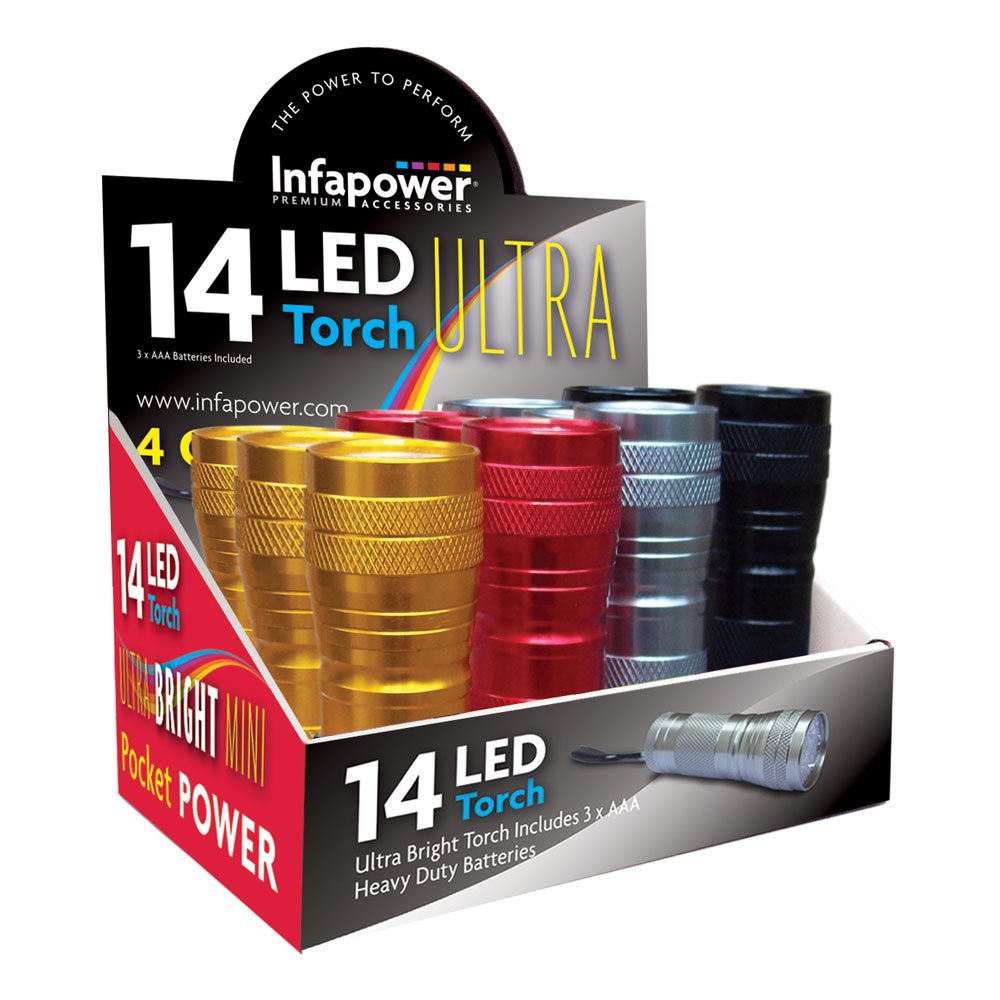 Infapower F027 14 LED Aluminium Torch, Glass, Gold/Red/Silver/Black, Pack of 12